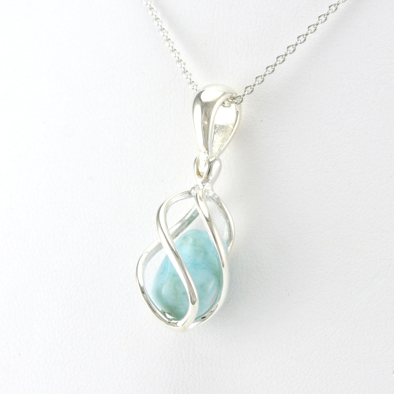 Side View Sterling Silver Larimar Nugget Caged Large Necklace