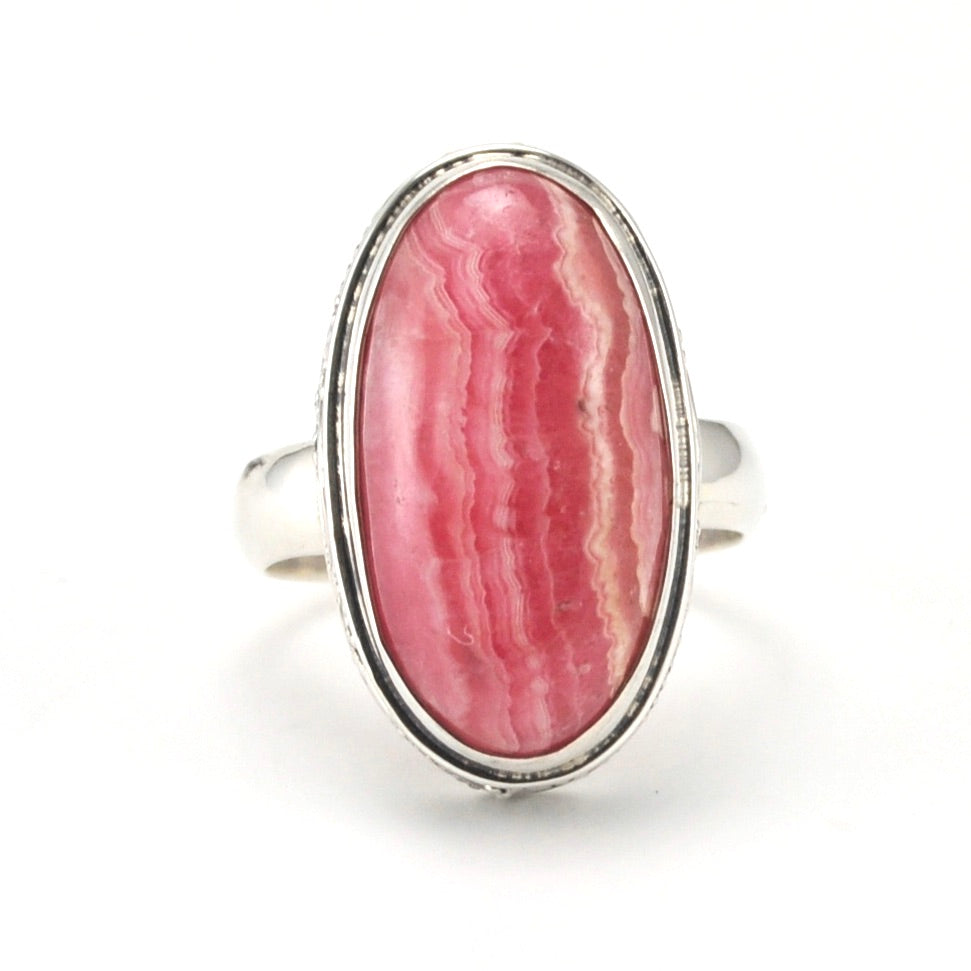 Alt View Sterling Silver Rhodochrosite 12x20mm Oval Bali Ring