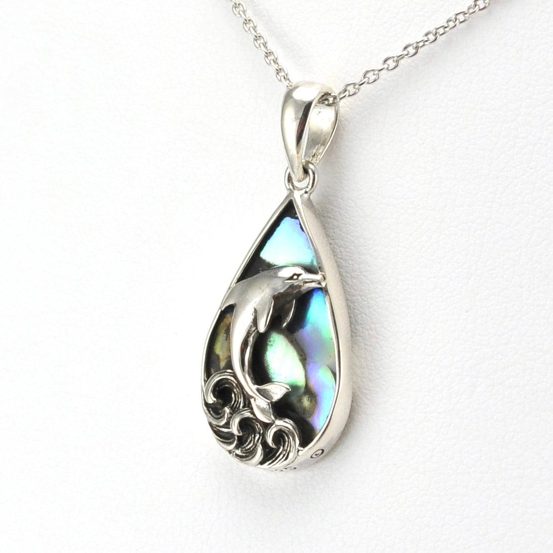 Sterling Silver Abalone Dolphin on Waves Tear Necklace