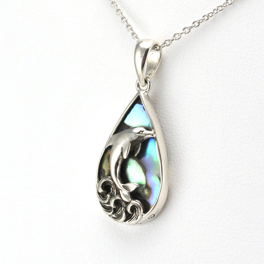 Side View Sterling Silver Abalone Dolphin on Waves Tear Necklace