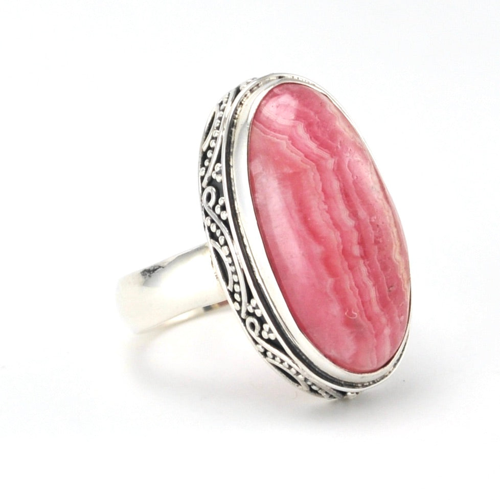 Sterling Silver Rhodochrosite 12x20mm Oval Bali Ring