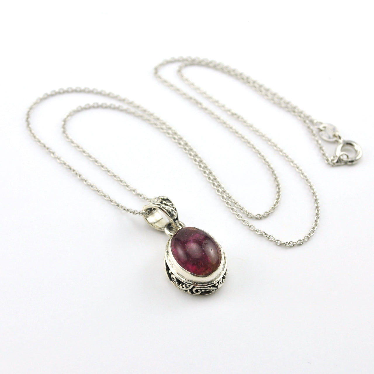 Sterling Silver Pink Tourmaline Oval Bali Necklace