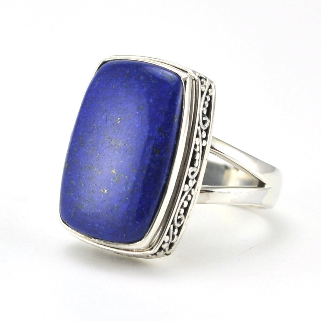 Sterling Silver Lapis 13x19mm Rectangle Bali Ring