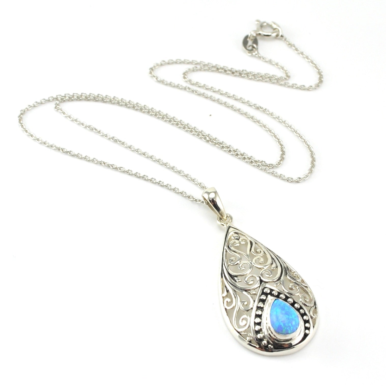 Sterling Silver Created Opal Blue Tear Bali Necklace
