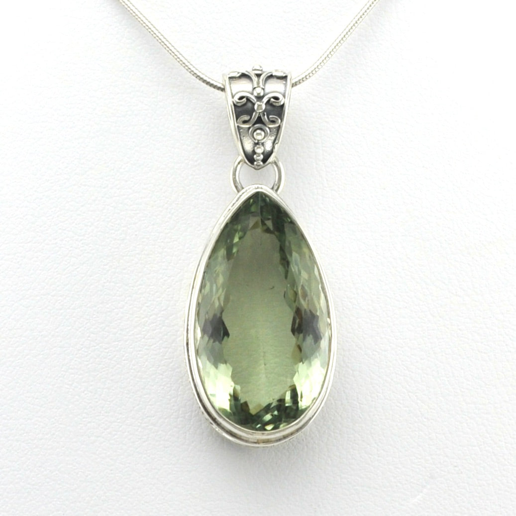 Alt View Sterling Silver Green Amethyst 14x24mm Tear Bali Pendant