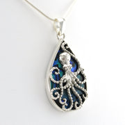 Side View Sterling Silver Blue Abalone Tear Octopus Pendant
