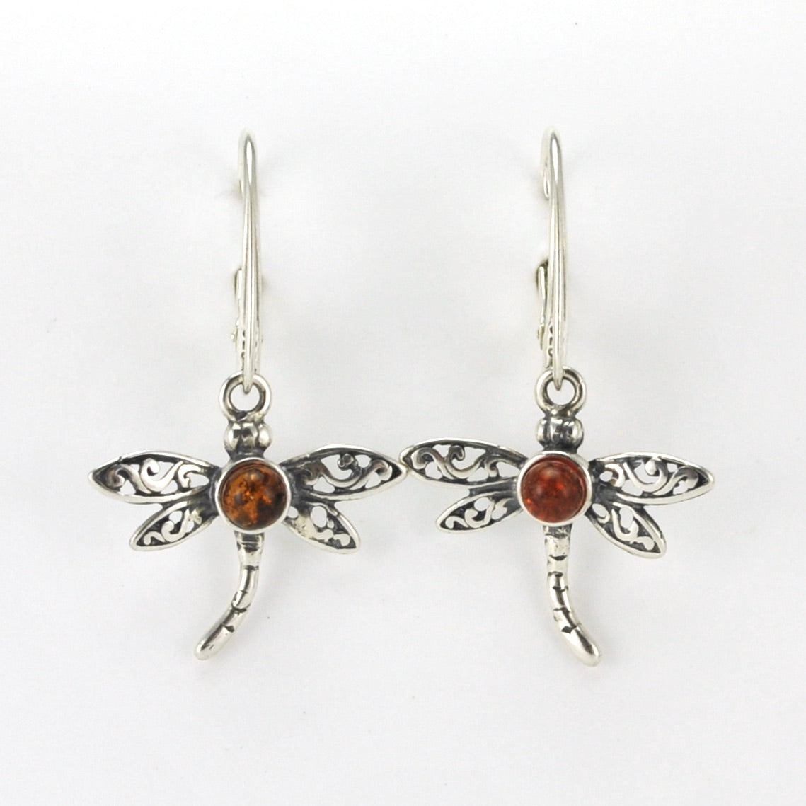Alt View Sterling Silver Amber Dragonfly Dangle Earrings
