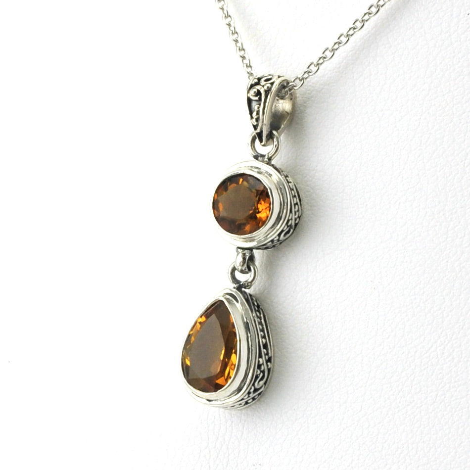 Side View Sterling Silver Citrine Round Tear Bali Necklace