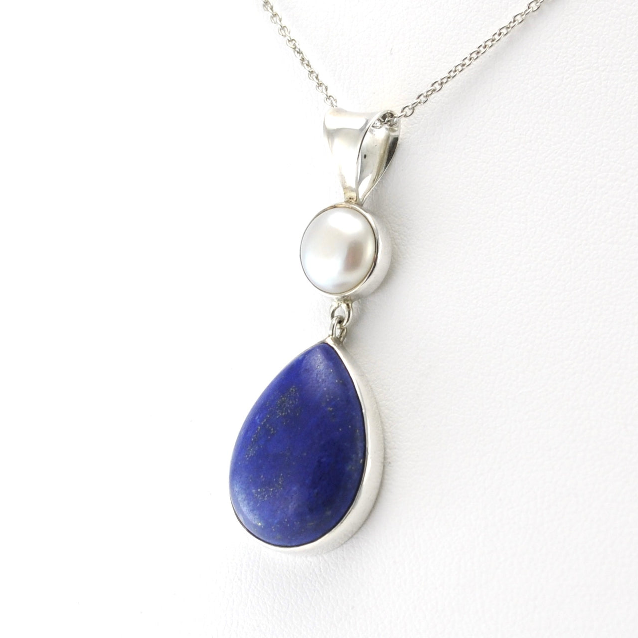 Sterling Silver Pearl Lapis Tear Necklace