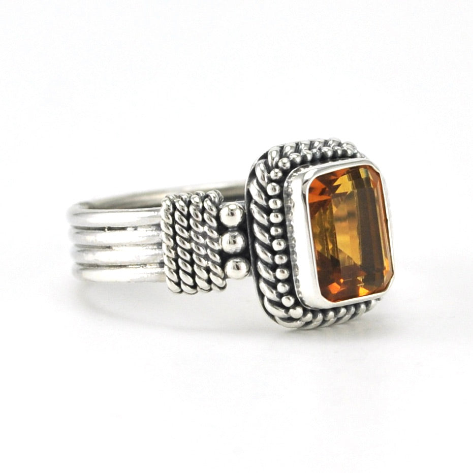 Side View Sterling Silver Citrine 6x8mm Rectangle 4 Band Ring