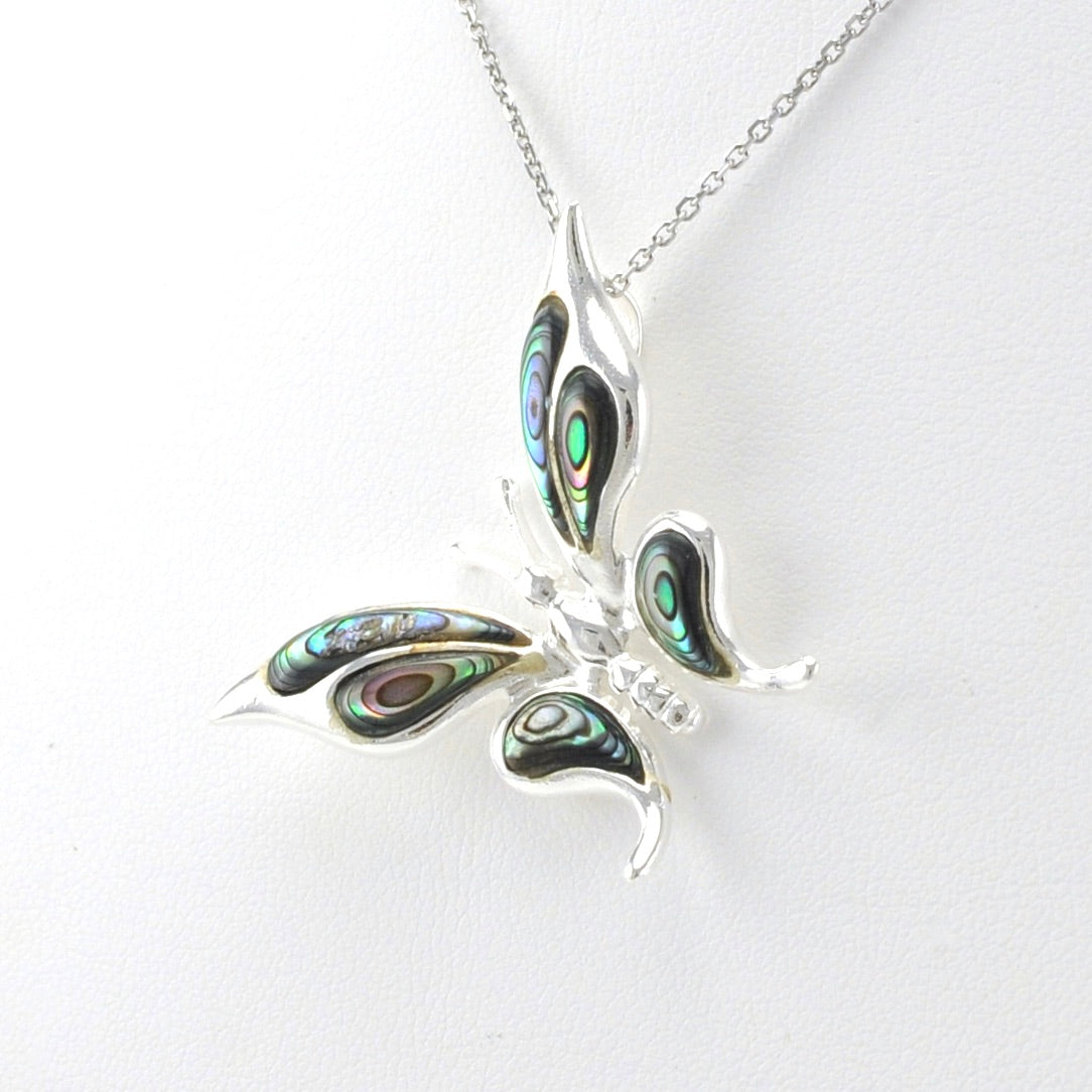 Side View Sterling Silver Abalone Butterfly Necklace