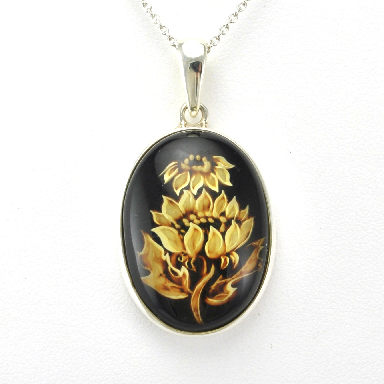 Alt View Sterling Silver Amber Intaglio Sunflower Necklace