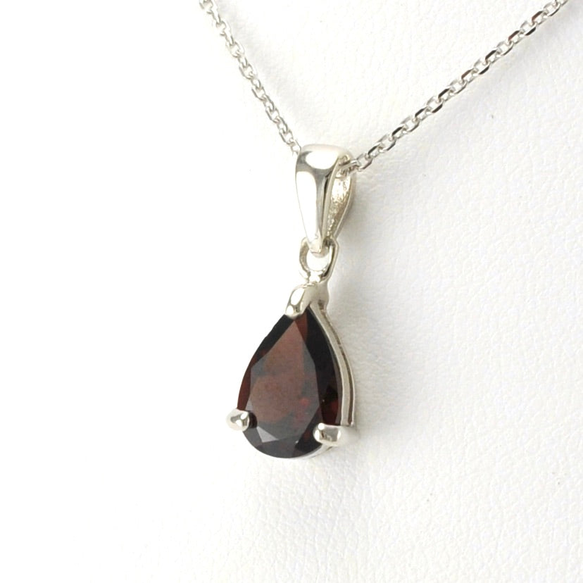 Side View Sterling Silver Garnet Tear Drop Necklace