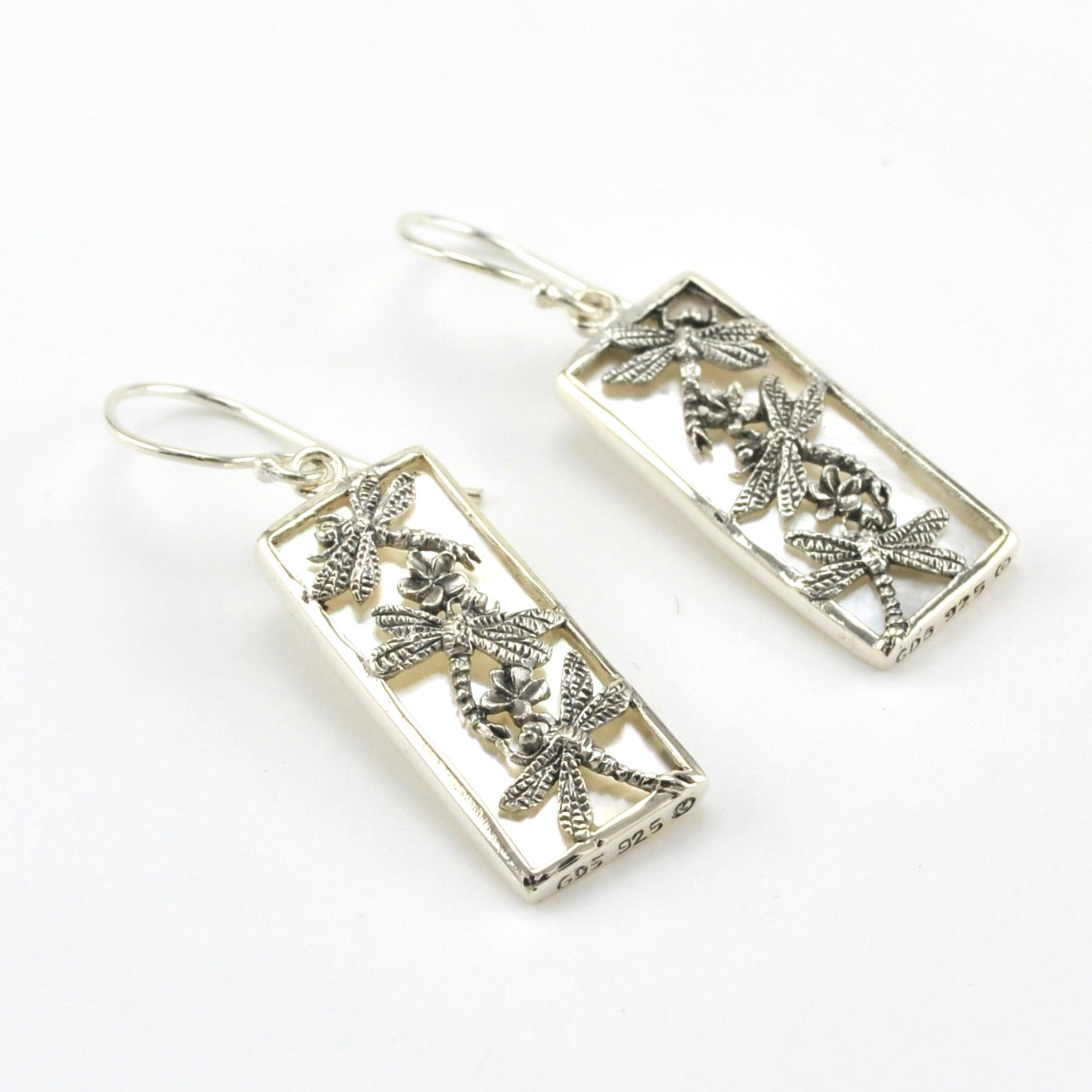 Sterling Silver Mother of Pearl Dragonfly Rectangle Earrings