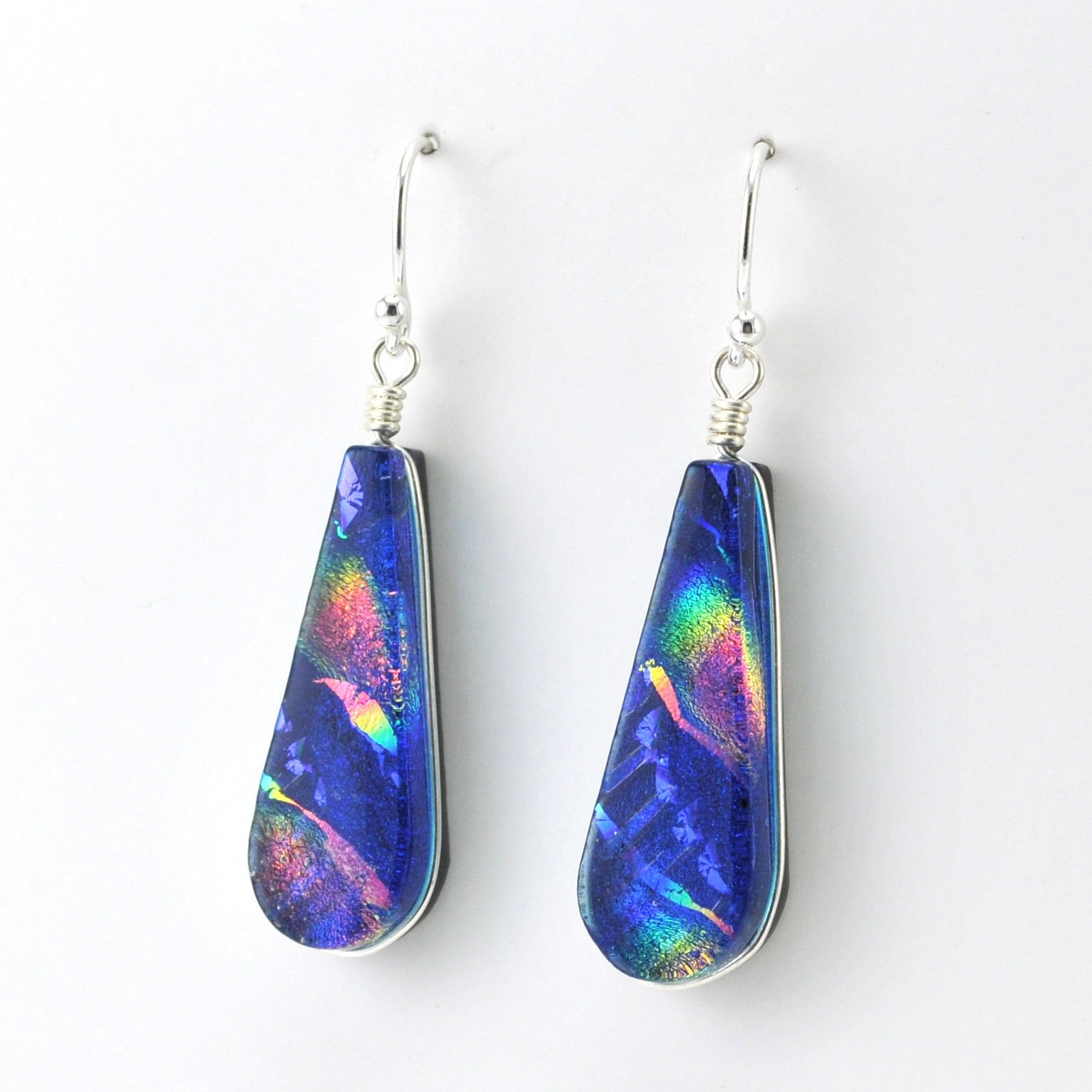 Side View Sterling Silver Dichroic Glass Rainbow Blue Tear Earrings