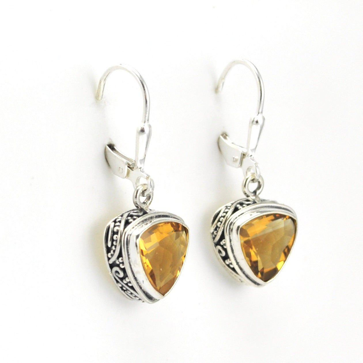 Side View Sterling Silver Citrine 9mm Trillion Bali Dangle Earrings