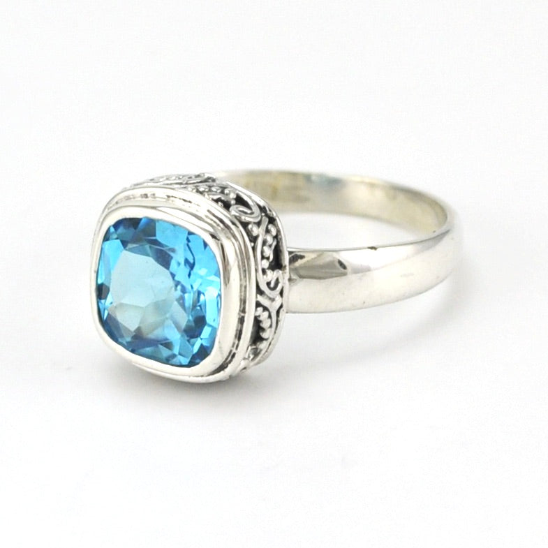 Sterling Silver Blue Topaz 8mm Square Bali Ring