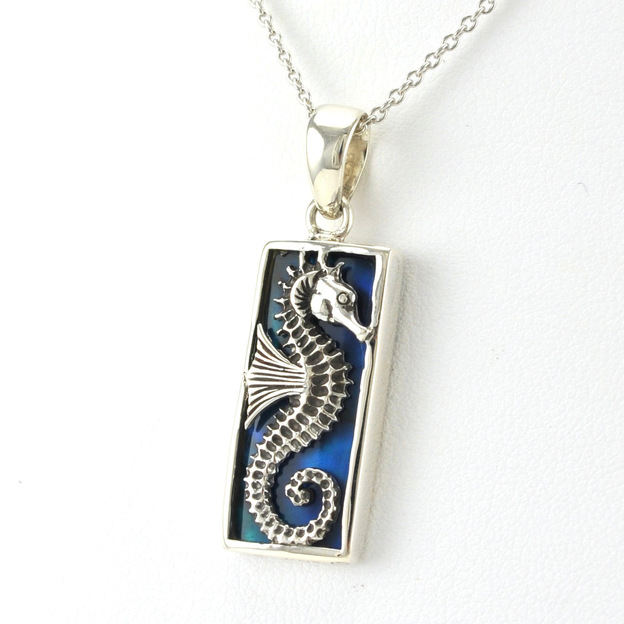 Side View Sterling Silver Blue Abalone Seahorse Rectangle Necklace