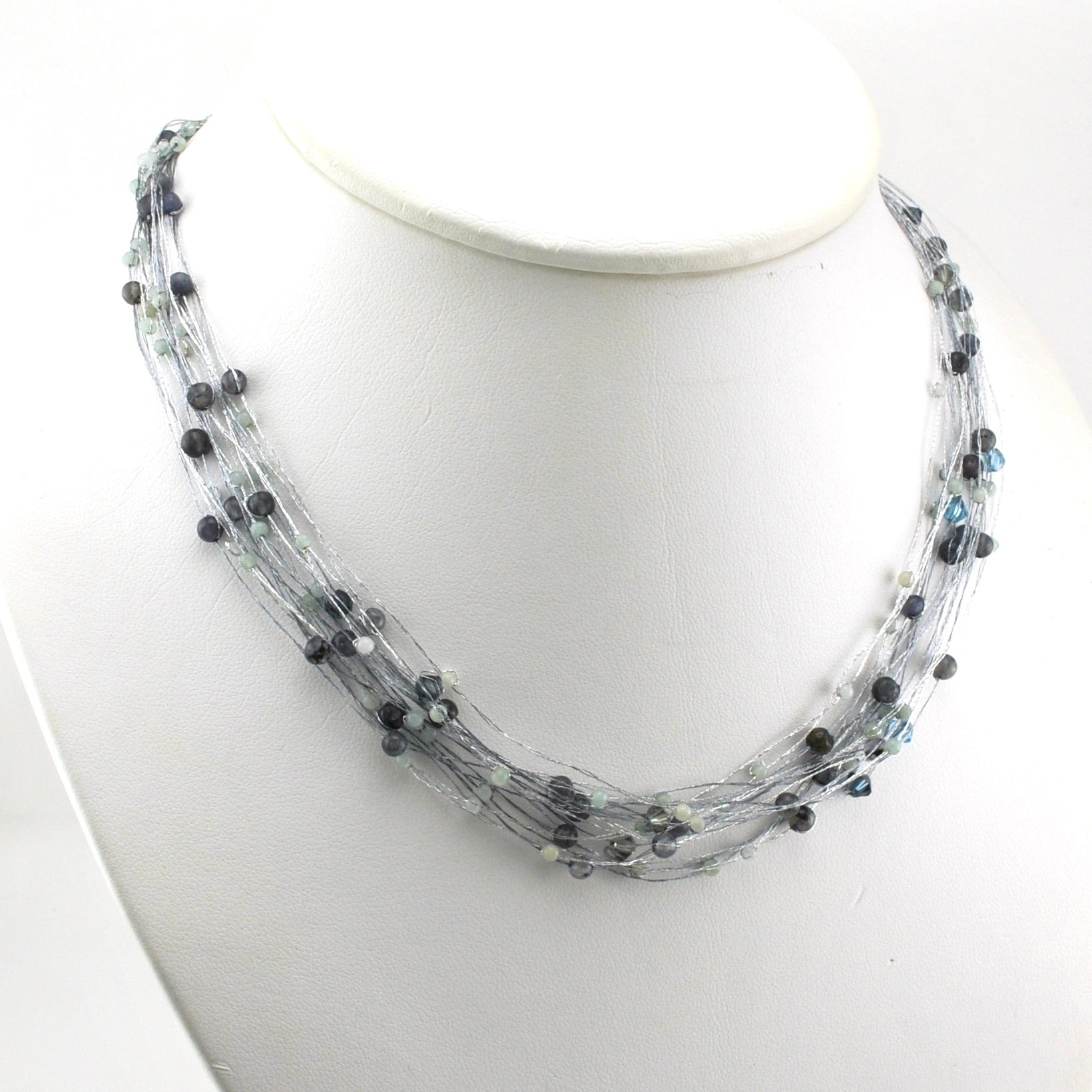 Alt View Japanese Silk Turquoise Charcoal Gem Crystal Necklace
