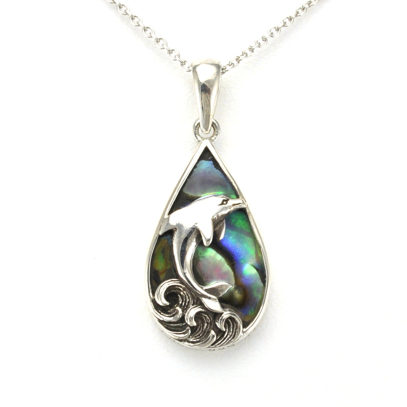 Alt View Sterling Silver Abalone Dolphin on Waves Tear Necklace