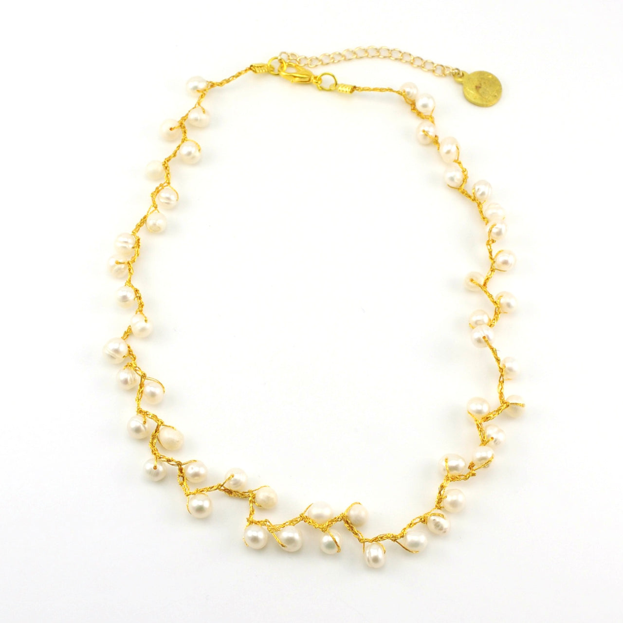 Gold Japanese Silk White Pearl 16 Inch Necklace