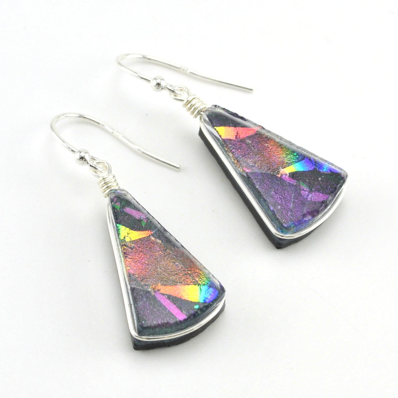 Sterling Silver Dichroic Glass Purple Rainbow Fan Dangle Earrings