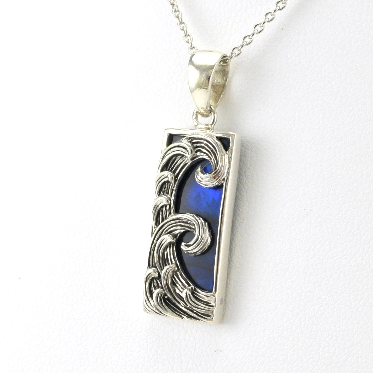 Side View Sterling Silver Blue Abalone Rectangle Small Wave Necklace