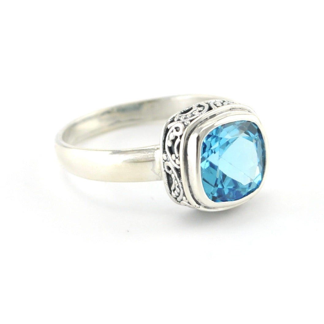 Side View Sterling Silver Blue Topaz 8mm Square Bali Ring
