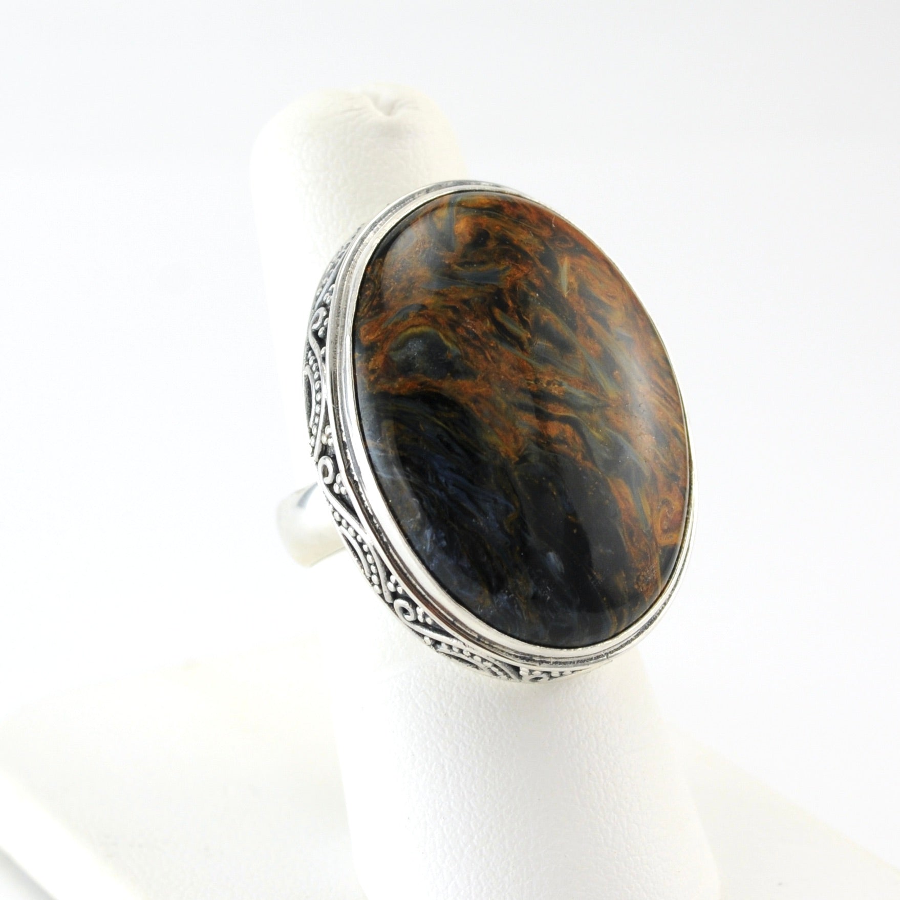 Alt View Sterling Silver Pietersite Oval Bali Ring