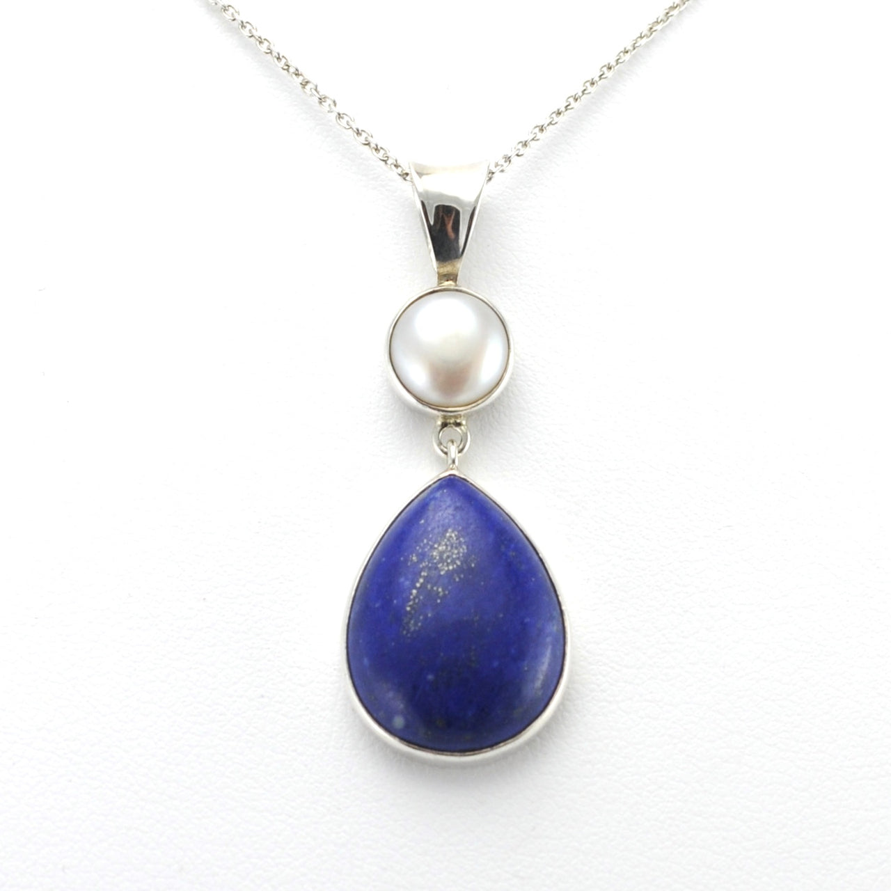 Alt View Sterling Silver Pearl Lapis Tear Necklace