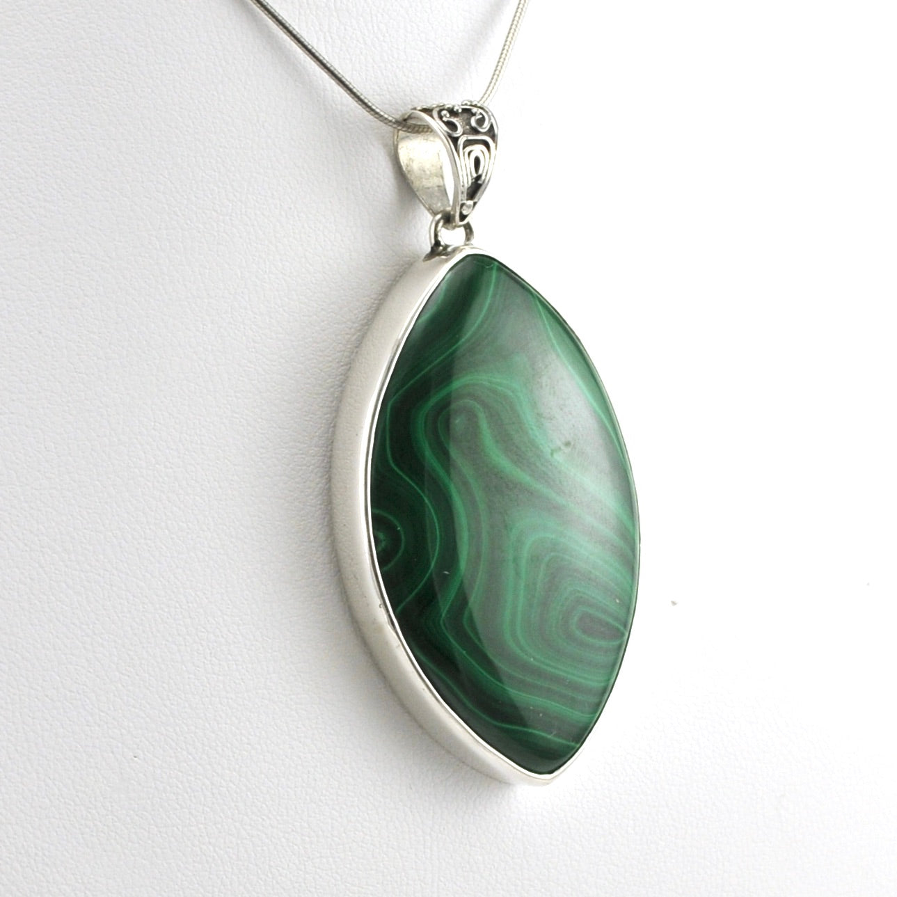Side View Sterling Silver Malachite 27x44mm Marquise Pendant