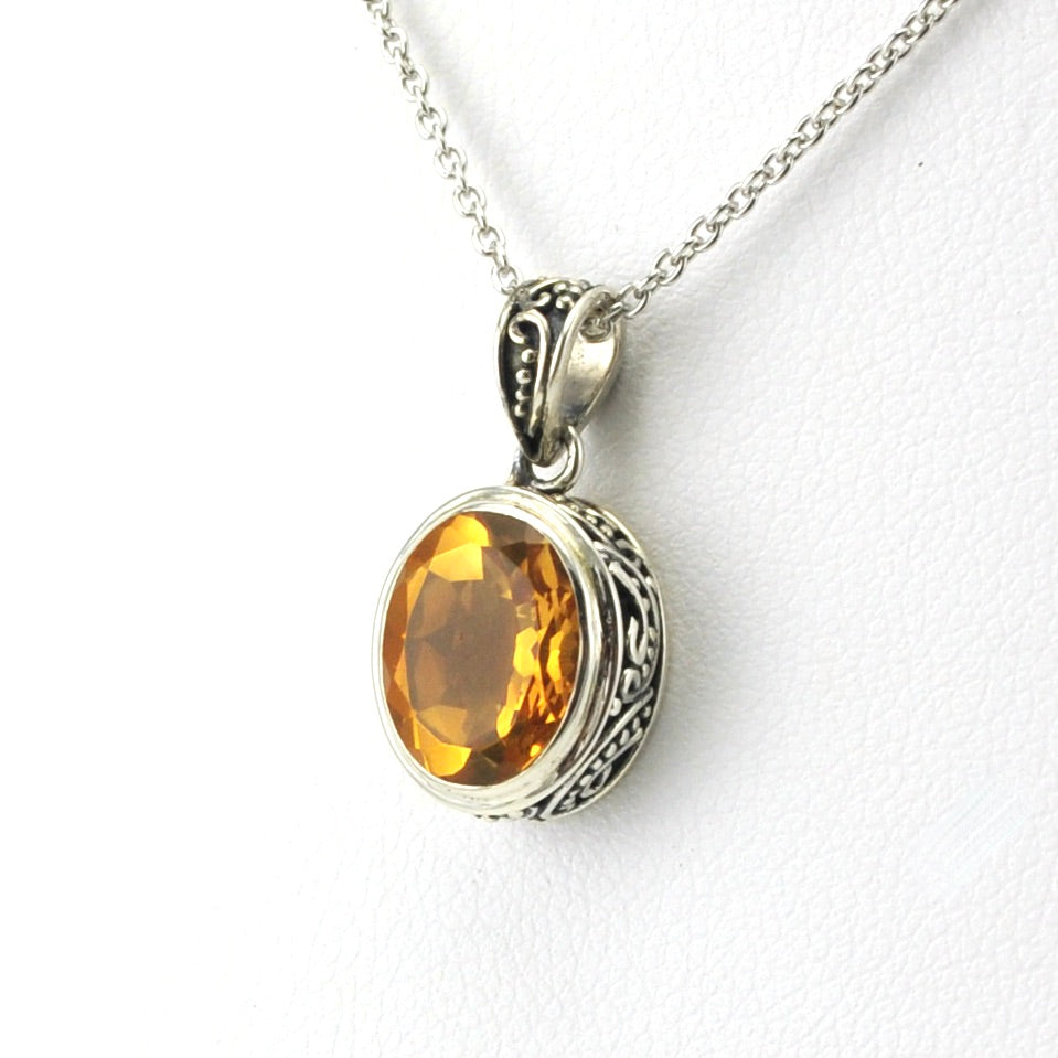Side View Sterling Silver Citrine 8x10mm Oval Bali Necklace