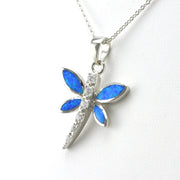 Side View Sterling Silver Created Opal CZ Dragonfly Necklace