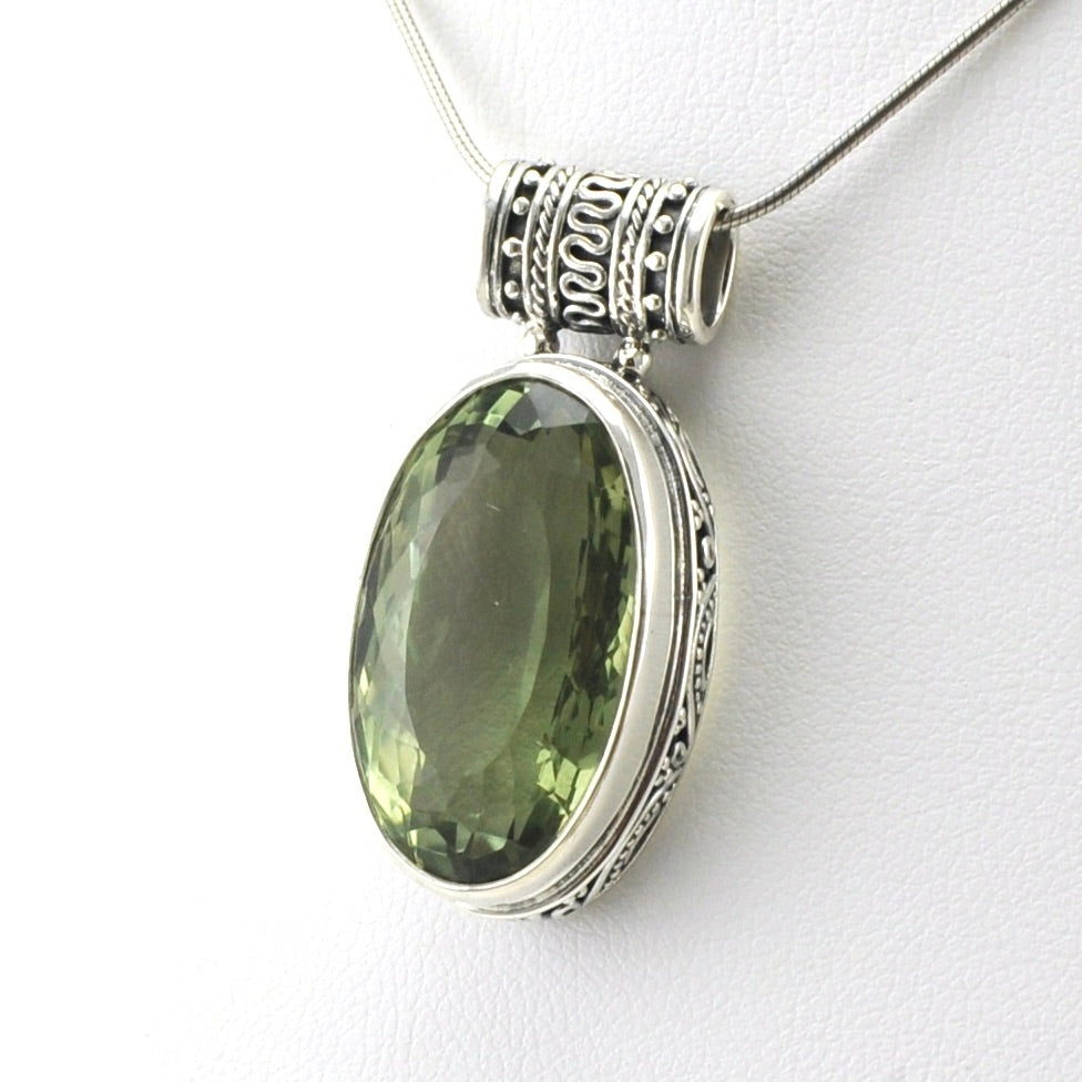 Sterling Silver Green Amethyst 13x23mm Oval Bali Pendant