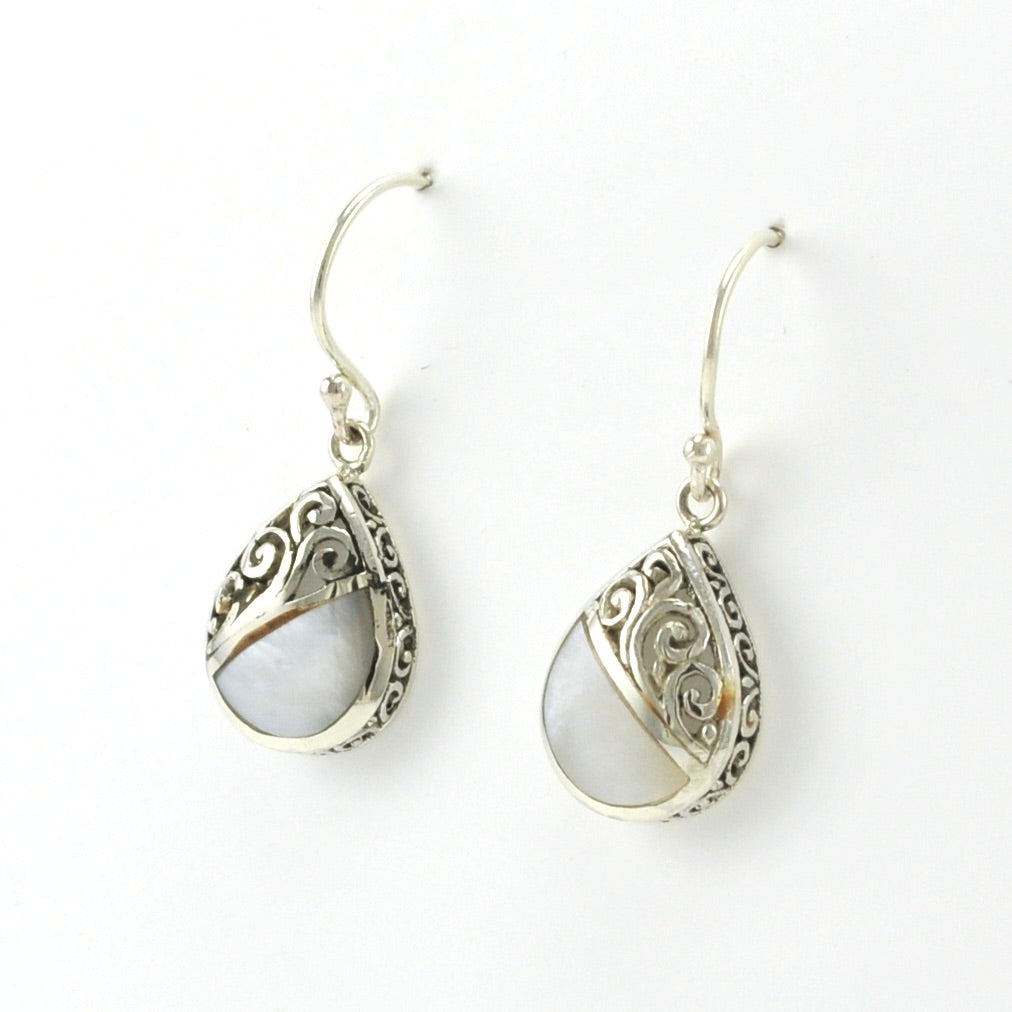 Side View Sterling Silver Mother of Pearl Bali Earrings