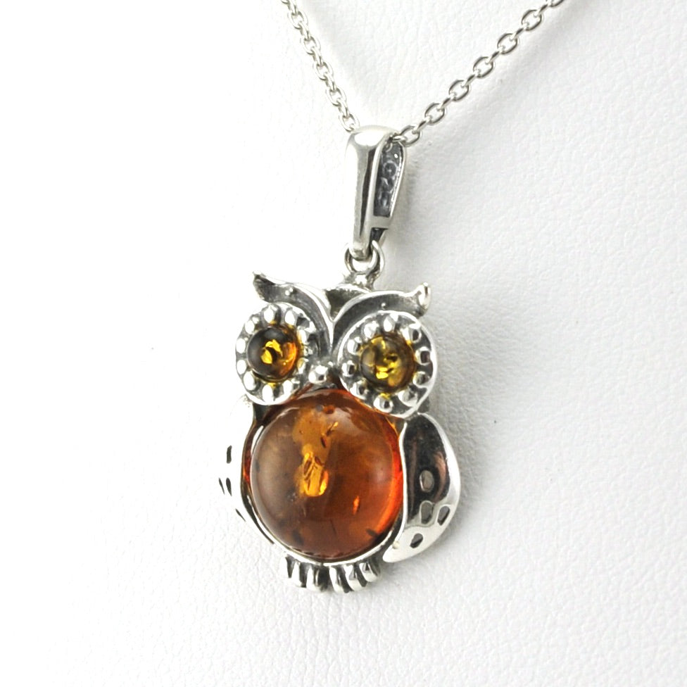 Side View Sterling Silver Amber Owl Necklace