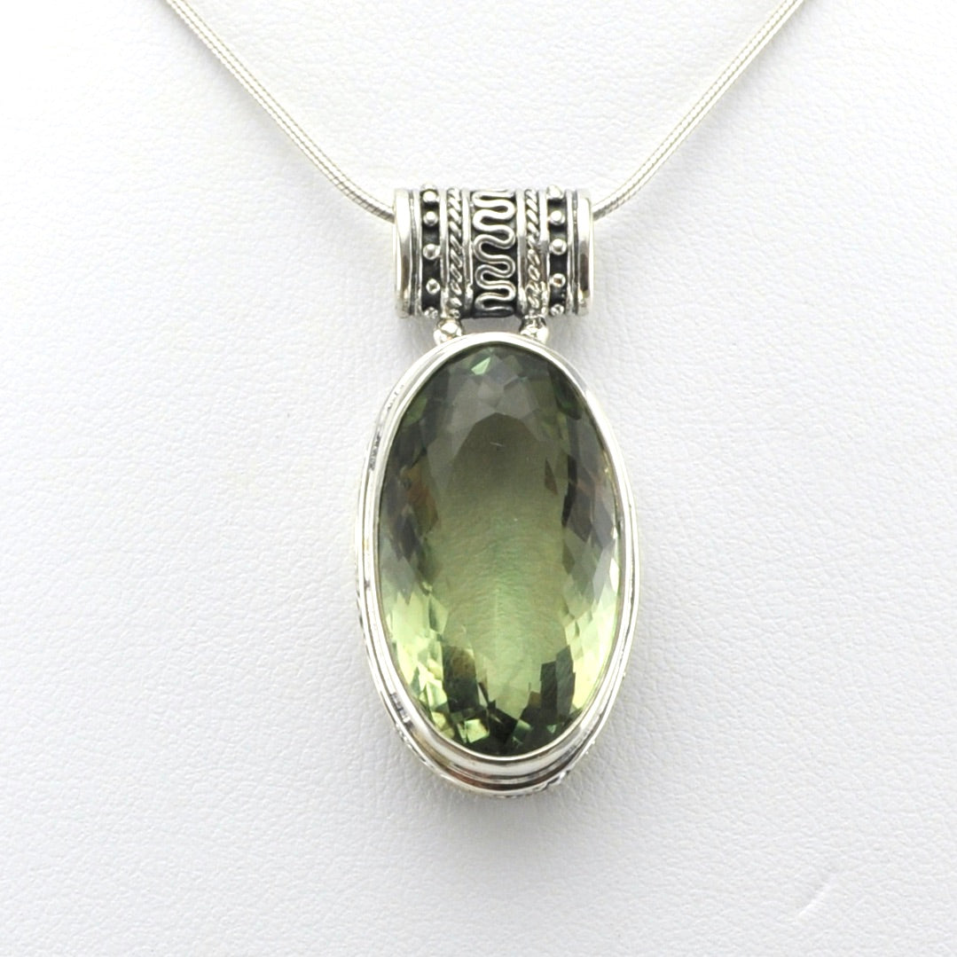 Alt View Sterling Silver Green Amethyst 13x23mm Oval Bali Pendant