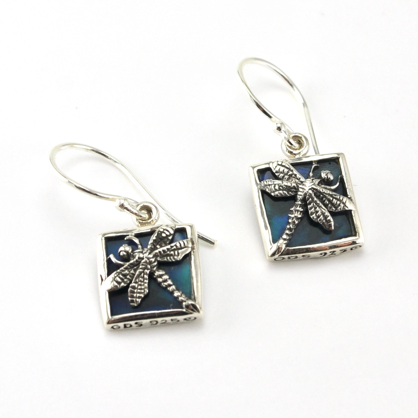Sterling Silver Blue Abalone Dragonfly Square Earrings