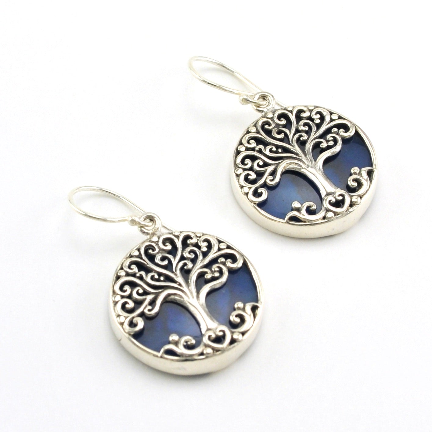 Sterling Silver Blue Abalone Tree of Life Dangle Earrings
