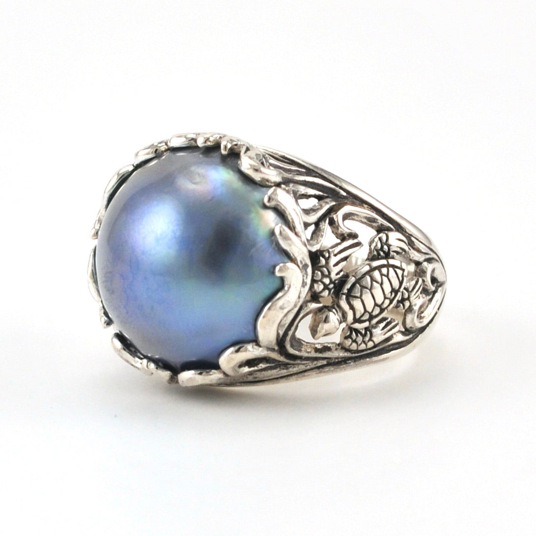 Sterling Silver Grey Mabé Pearl Turtle Ring Size 7