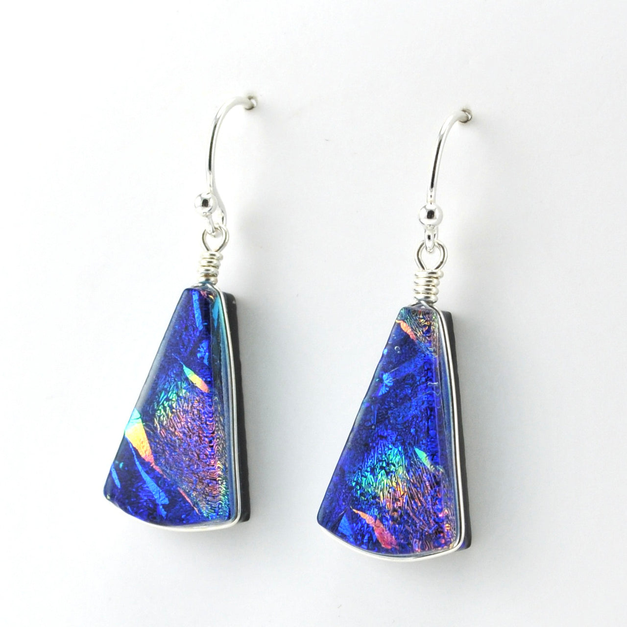 Side View Sterling Silver Dichroic Glass Blue Rainbow Fan Dangle Earrings