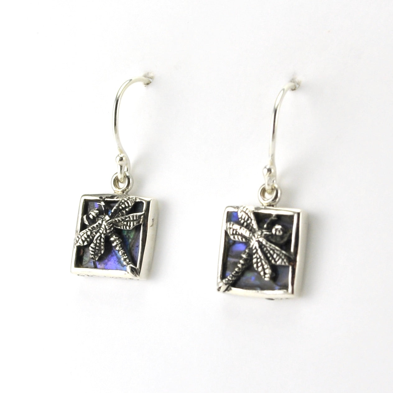 Side View Sterling Silver Abalone Dragonfly Square Earrings