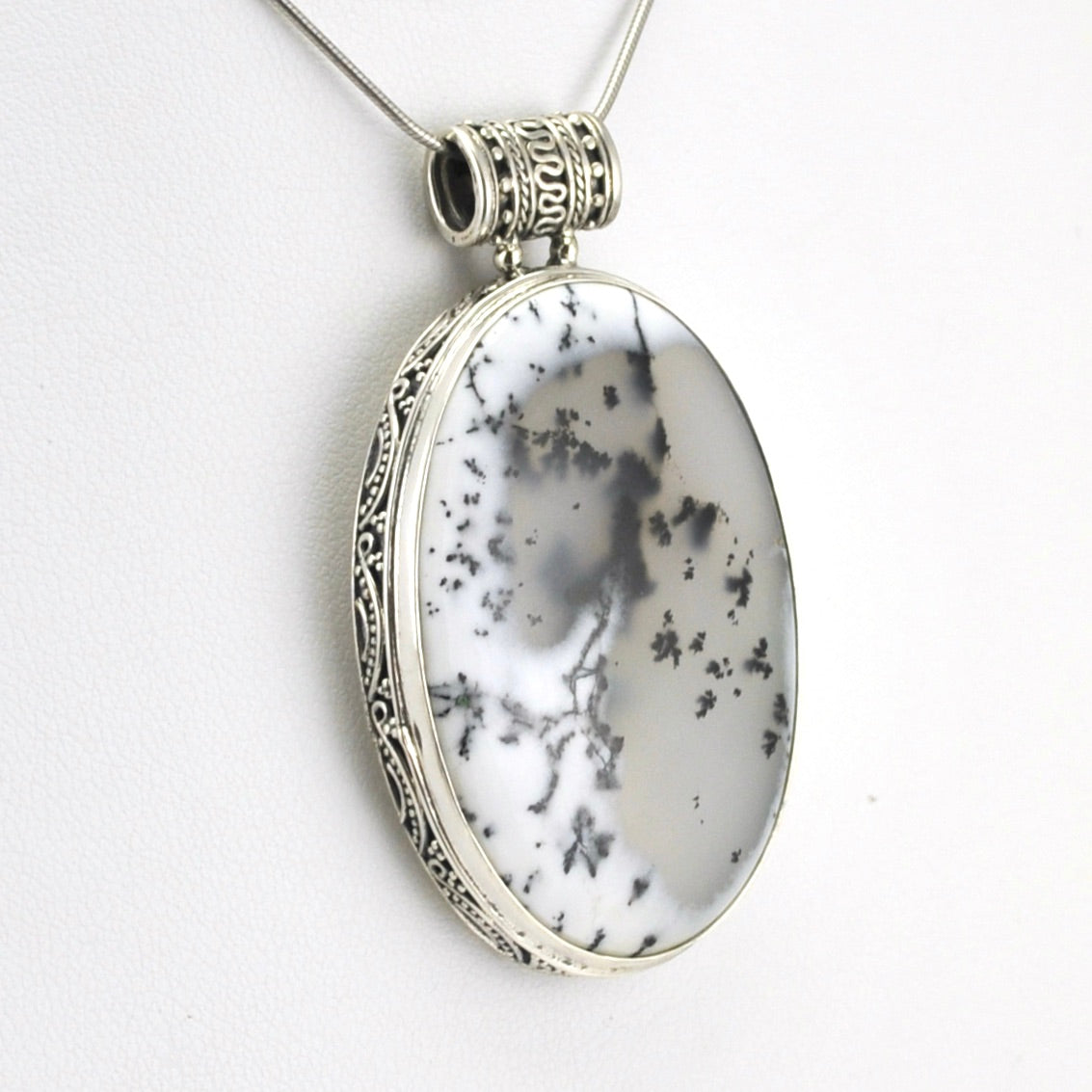 Side View Sterling Silver Dendritic Agate 30x40mm Oval Bali Pendant