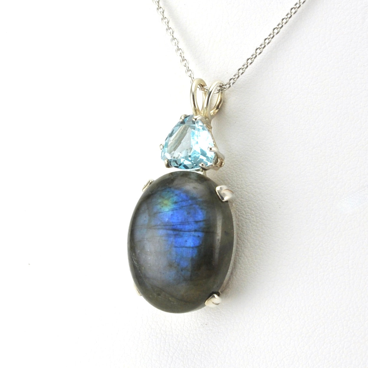 Side View Sterling Silver Labradorite with Blue Topaz Necklace