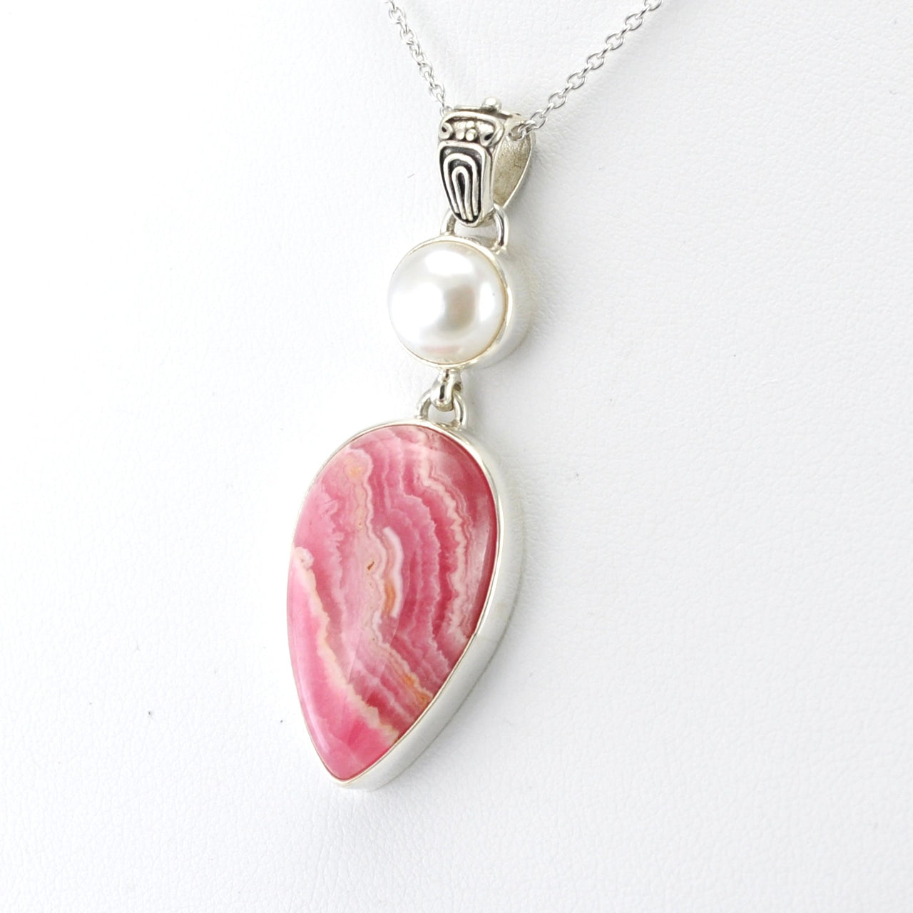 Side View Sterling Silver Pearl Rhodochrosite Pear Necklace