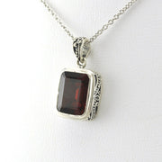 Side View Sterling Silver Garnet 9x11mm Rectangle Bali Necklace