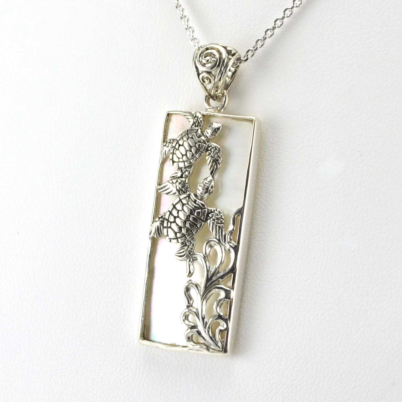 Side View Sterling Silver Mother of Pearl 2 Turtle Rectangle Necklace