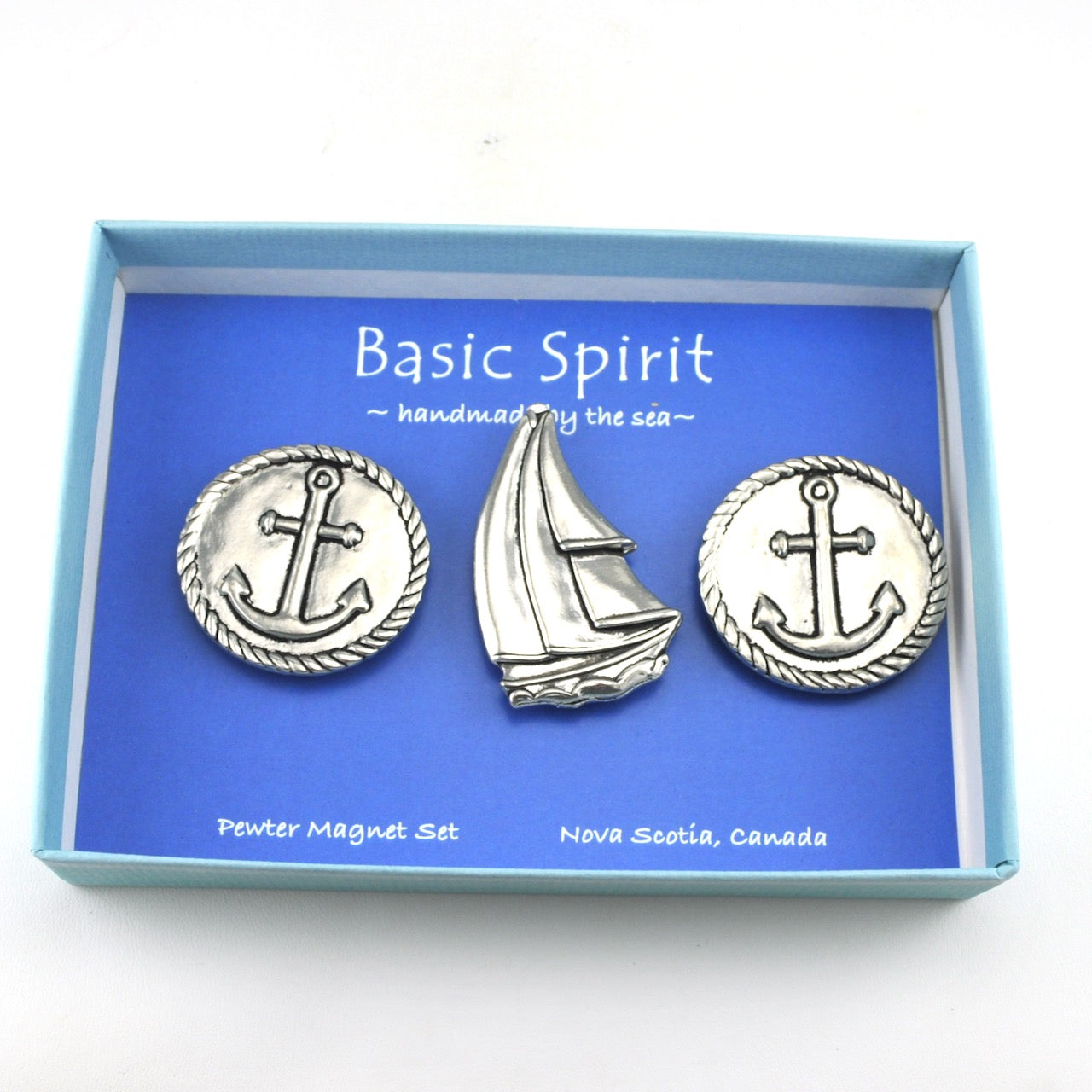 Handcrafted Pewter Anchor and Boat Magnet Set