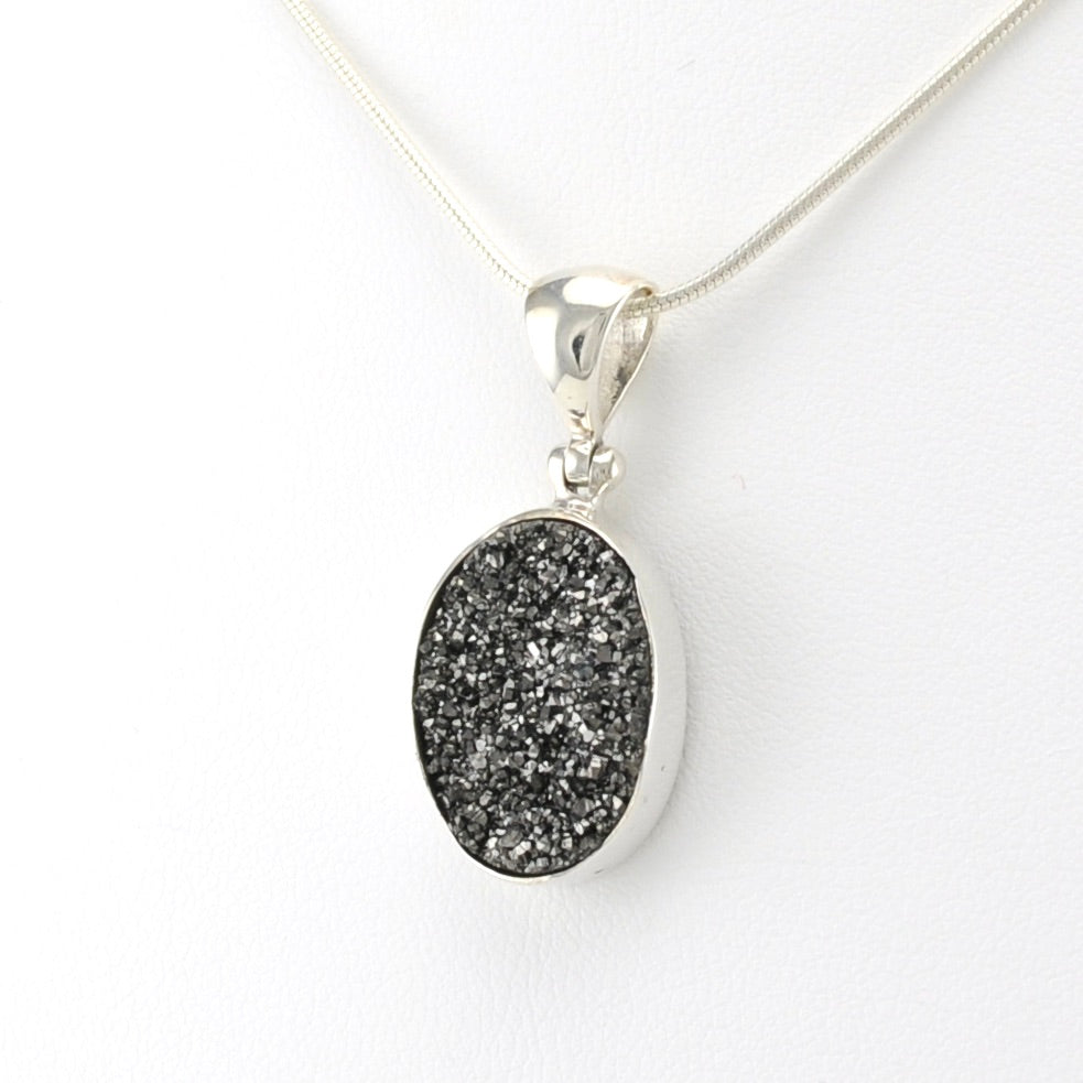 Sterling Silver Charcoal Druzy Agate Oval Pendant