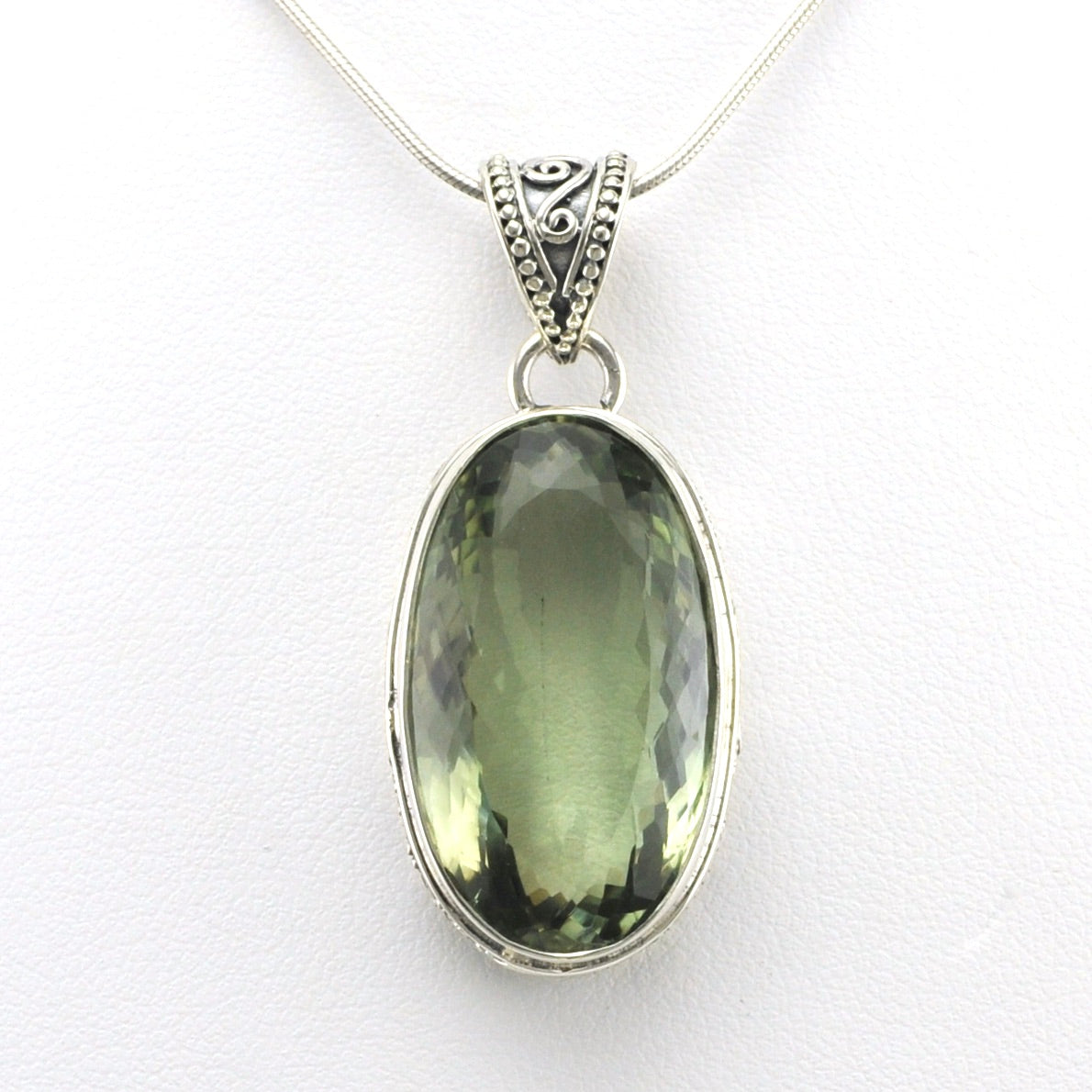 Alt View Sterling Silver Green Amethyst 14x26mm Oval Bali Pendant